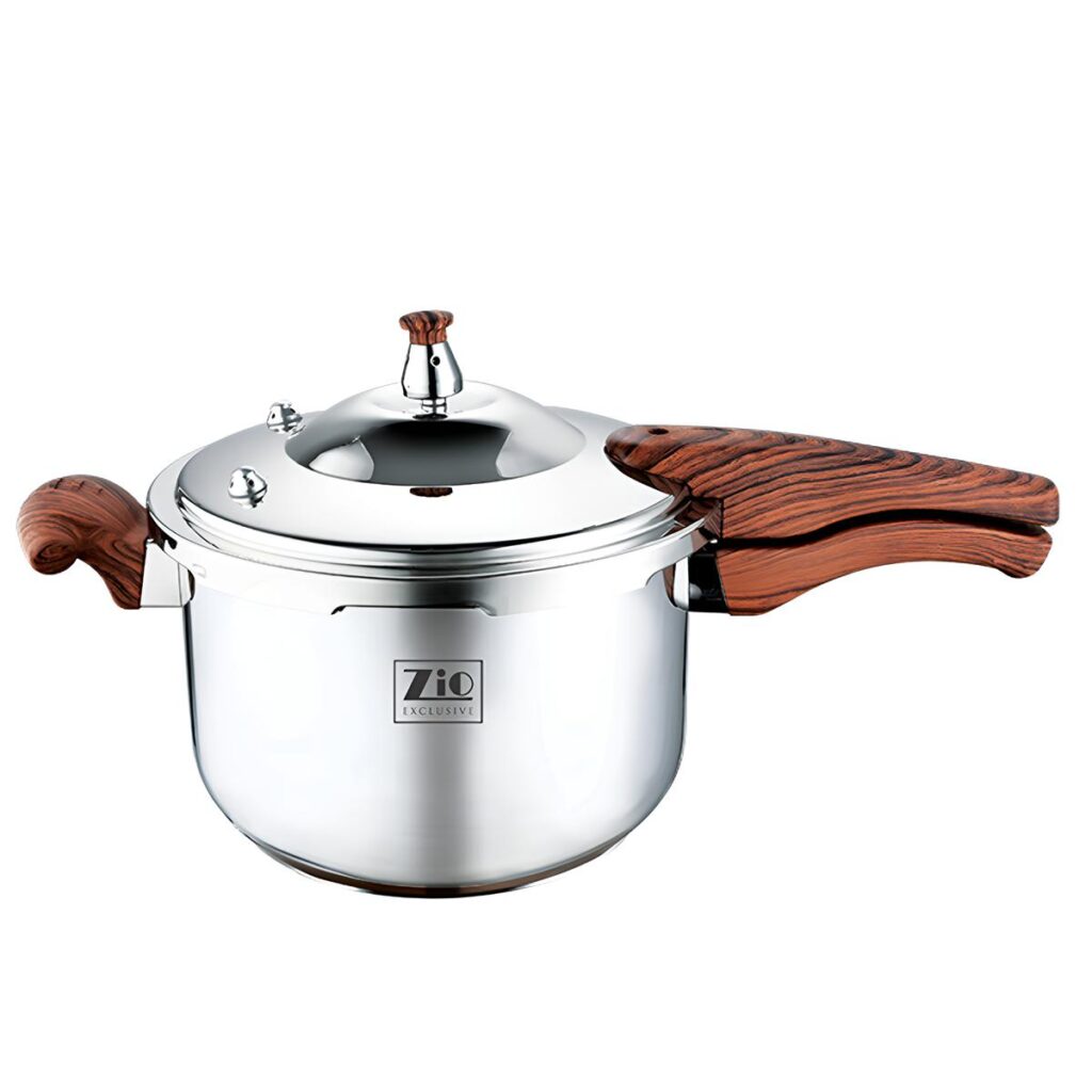 زودپز استیل زیو مدل ZPC-1603 با دسته های طرح چوب در حجم های 5، 7 و 9 لیتری